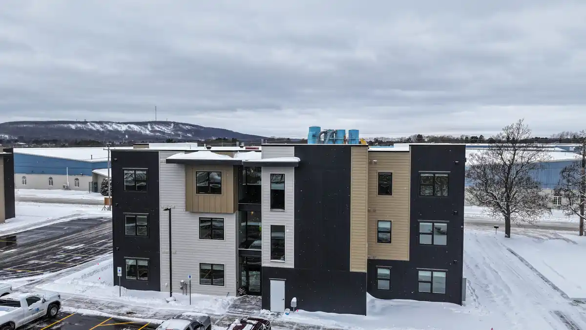 Evergreen Landing apartment building in winter