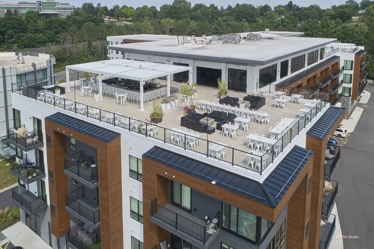 Aerial view of the bantr wausau rooftop deck